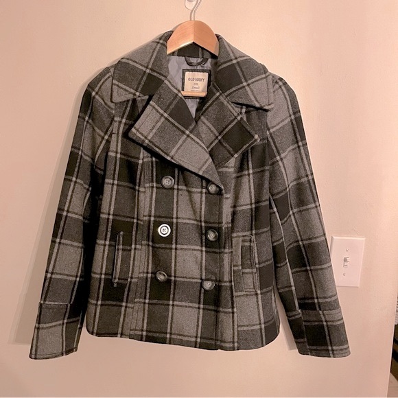 Old Navy Jackets & Blazers - Old Navy Black & Gray Plaid Pea Coat Jacket, Sz S